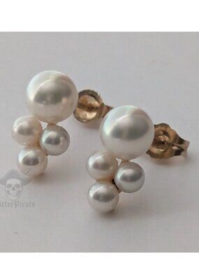 Vintage 14k Gold Japanese Akoya Pearl Cluster Stud Earrings | 6.3mm Center